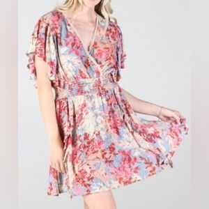 Angie Floral Smocked Waist Flutter Sleeve Dress